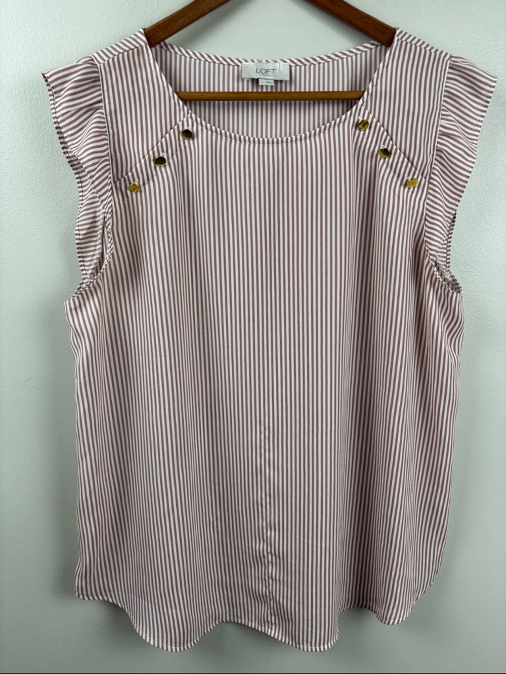 LOFT Pink and White Striped Sleeveless Button-Accent Top. Large. Lightweight